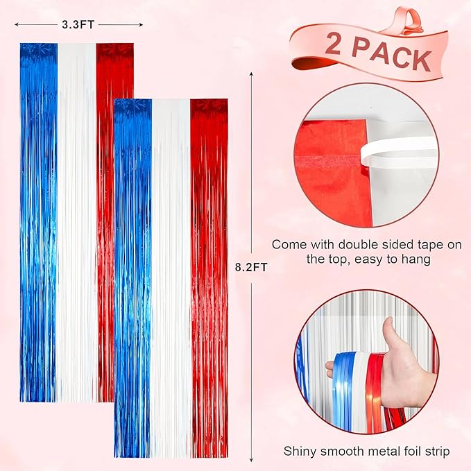 2 Pack Red White and Blue Foil Fringe Backdrop Curtains, Tinsel Streamers Party Decorations, Fringe Backdrop for Patriotic, Memorial Day, 4th of July, Independence Day