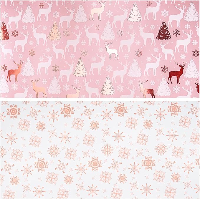 LeZakaa Christmas Pink Wrapping Paper Mini Roll, Reindeer & Snowflake, Metallic Foil, Rose Gold Foil Reversible Design for Festive Winter Holiday, Family Gathering, 17 inches x 32.8 Feet
