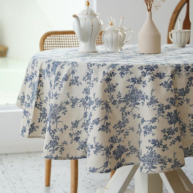 Pastoral Round Tablecloth - 60 Inch Dia. - Beige Linen Table Cloth - Washable Table Cover with Dust-Proof Wrinkle Resistant for Restaurant, Picnic, Indoor and Outdoor Dining, Floral (Dark Blue)