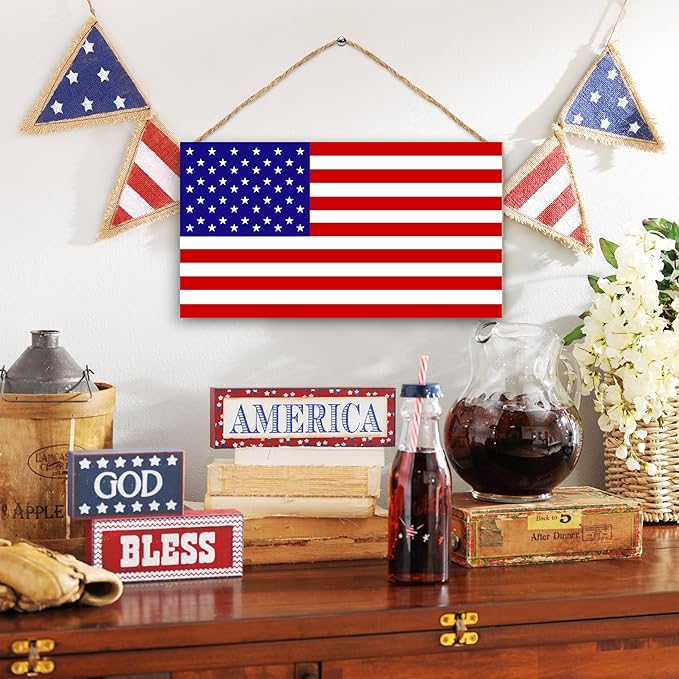 American Flag Door Hanging Sign，Farmhouse Patriotism Artwork Decorations Signs, Framed Indoor Outdoor Decorative Art Ornament for July 4th Independence Day, New Year, Holiday Party, Birthday