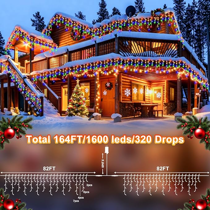 KNONEW 164FT 1600 LED Christmas Lights Outdoor Decoration Multicolor with 320 Drops, 8 Modes Timer Hanging Fairy String Lights Plug in Waterproof Indoor Decor for Holiday Wedding Party Window Garden
