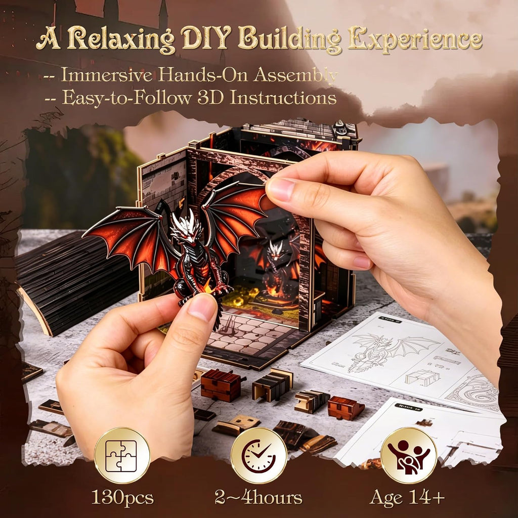 book nook kit for adult, dragon adventure led, side view