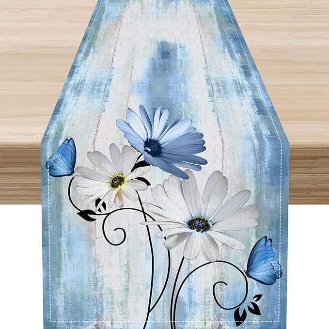 Farmhouse Floral Table Runner, Spring Seasonal Daisy Flower Retro Wooden Country Table Center Decor for Home Kitchen Dining Patio Holiday Party Indoor Outdoor Table Decorations, 13"x108" Inch