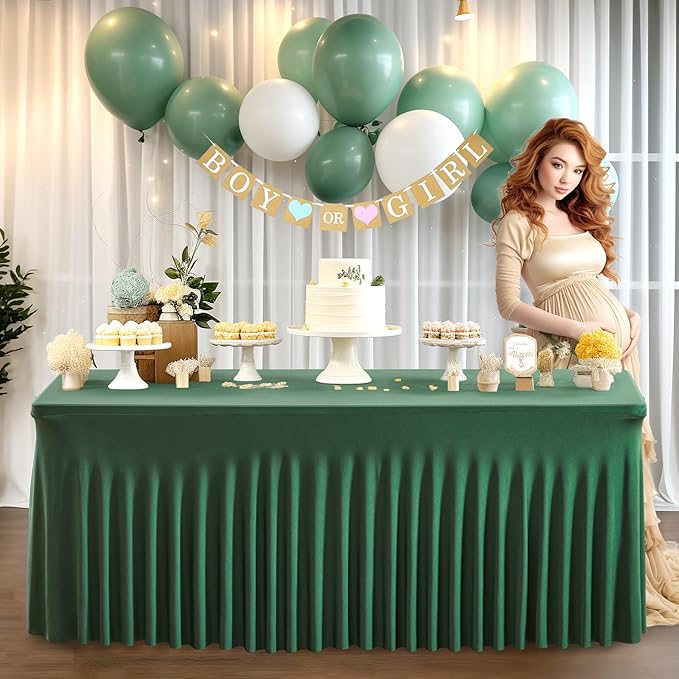 Wish Care 2 Pack Hunter Green Spandex Table Clothes for 4 Foot Rectangle Tables, 4FT Wrinkle Free Fitted Tablecloths Ruffles Design Table Cover for Party, Banquet, Wedding and Events