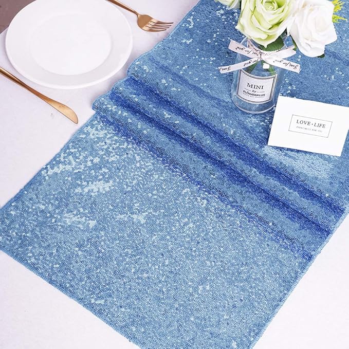 SoarDream Baby Blue Table Runner 10 Pieces 12x72 Inches Sequin Fabric Glitter Table Runner for Party Holiday Birthday Wedding Baby Shower Supplies Decorations