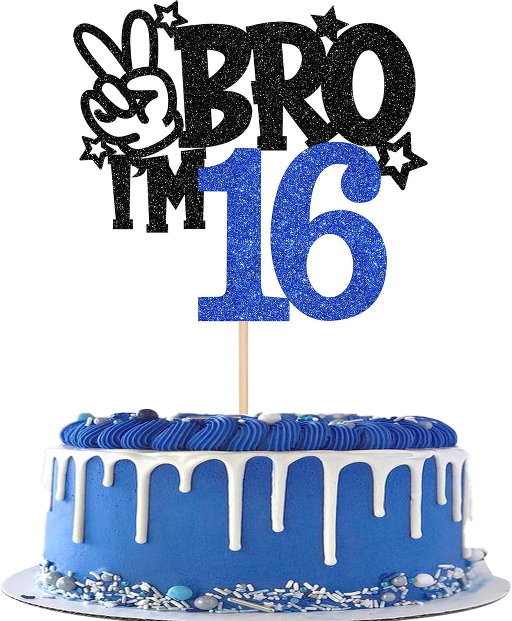 1 PCS Brother I'm 16 Cake Topper Glitter Star Happy 16th Birthday Cake Pick Bro I'm 16 Cake Decoration It's My 16th Birthday Decorations for Boys Cheers to 16 Years Old Birthday Party Supplies Blue