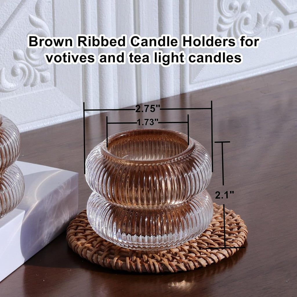Woho Ribbed Votive Candle Holders Set of 6 for Wedding Table, Amber Tealight Candle Holder Glass for Home Decor, Vintage Tea Lights Candle Holder for Thanksgiving/Fall Decor(Brown, 2.1" H X 2.75" D)