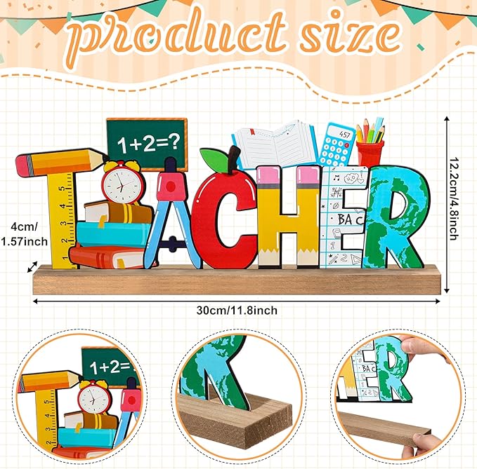 Back to School Metal Sign Teacher Appreciation Table Decor Holiday Tiered Tray Decor with Wooden Base Freestanding Metal Word Sign for Home Tabletop Centerpiece Mantel Shelf Fireplace