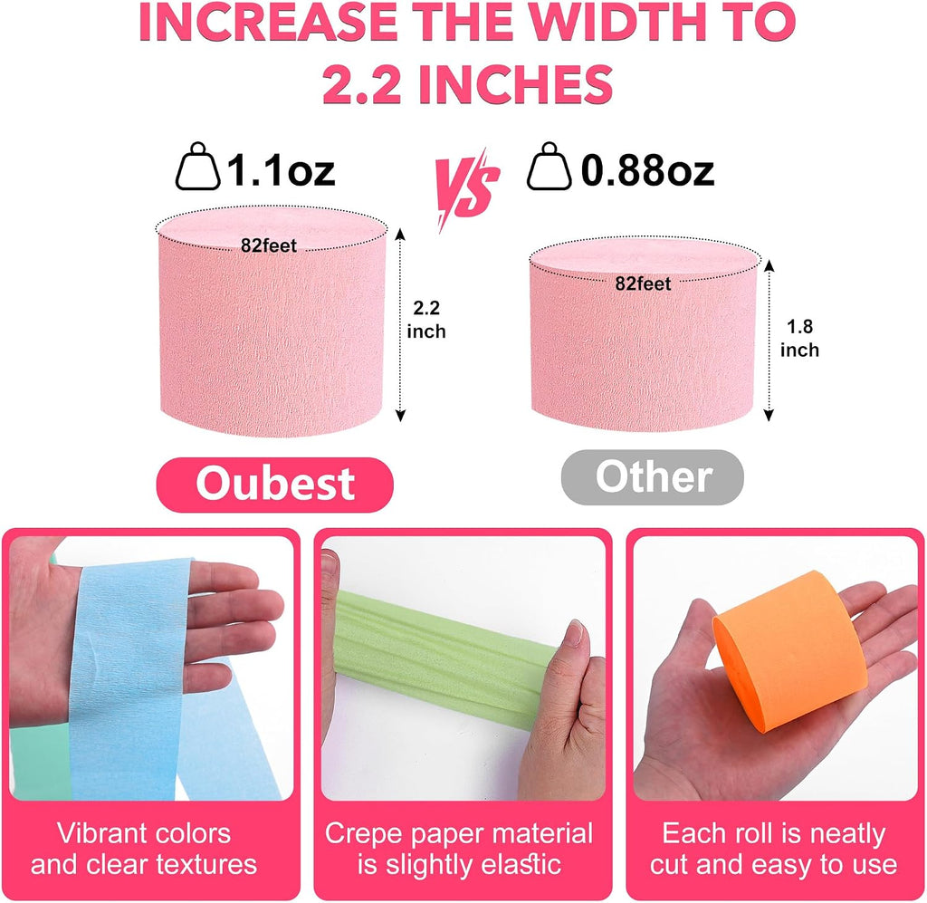 Oubest Crepe Paper Streamers 2.2 Inch x 656 Feet Ideal Party Supplies & Decorations for Birthdays Baby Showers Bachelorettes Weddings DIY, 8 Rolls Pastel Streamers Backdrops, Doorway & Wall Decor