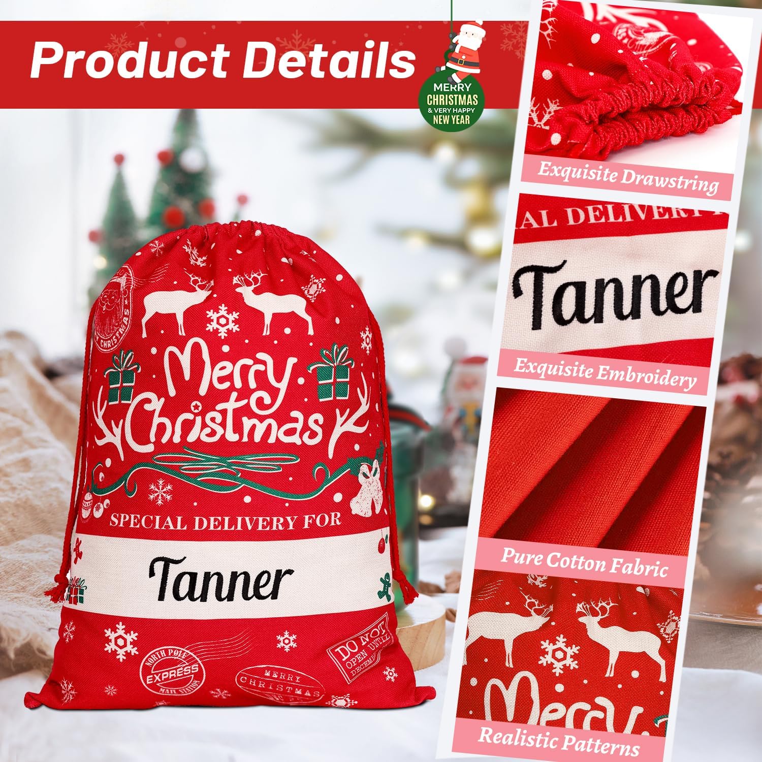 Ulico Personalized Christmas Bag ，Custom Oversized Santa Sack with Embroidered Name ，Christmas Gift Bag Present Bag ，Large Gift Sack，Canvas Stocking Bags for Kids, Family（1 Pcs）