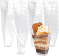Ilyapa 3oz Plastic Dessert Cups - 100 Pack Mini Dessert Cups with Spoons - Clear Reusable Small Appetizer Cup for Cheesecake Shooters, Chocolate Mousse - Party and Catering Supplies - Triangle