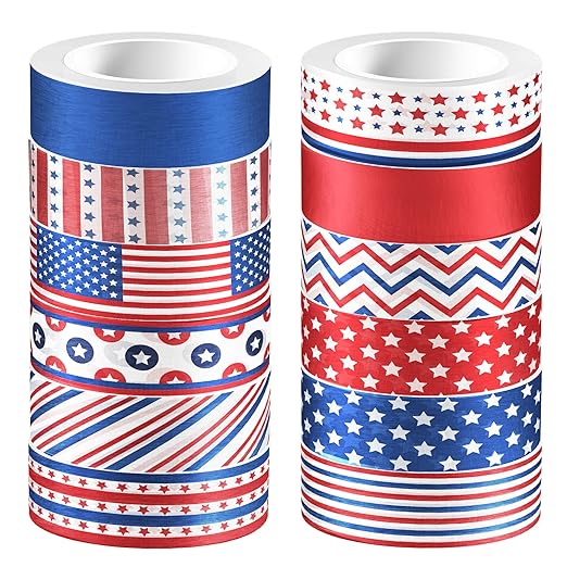 Adirasenotek Washi Tape 12 Rolls Patriotic Packing Tape American Flag Decorative Paper Stickers DIY Art Crafts