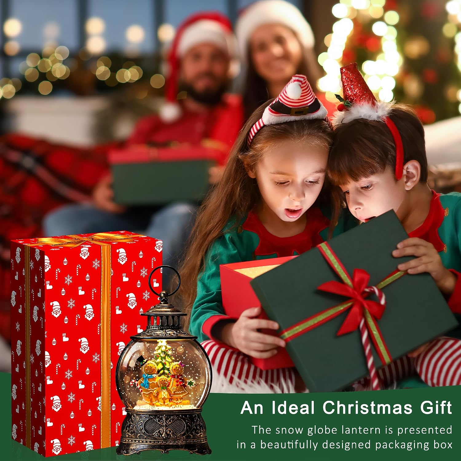 Christmas Snow Globe Water Lantern with Gingerbread Scene Battery Operated or USB Powered Musical Lighted Holiday Decoration for Tabletop Display for Family and Friends