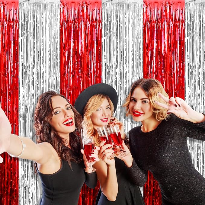 4 Pack Silver Red Foil Fringe Curtain Backdrop, 3.28Ft x 8.2Ft Metallic Tinsel Foil Fringe Streamers Curtains for Photo Booth, Wedding, Circus Welcome Carnival Birthday Party Decoration