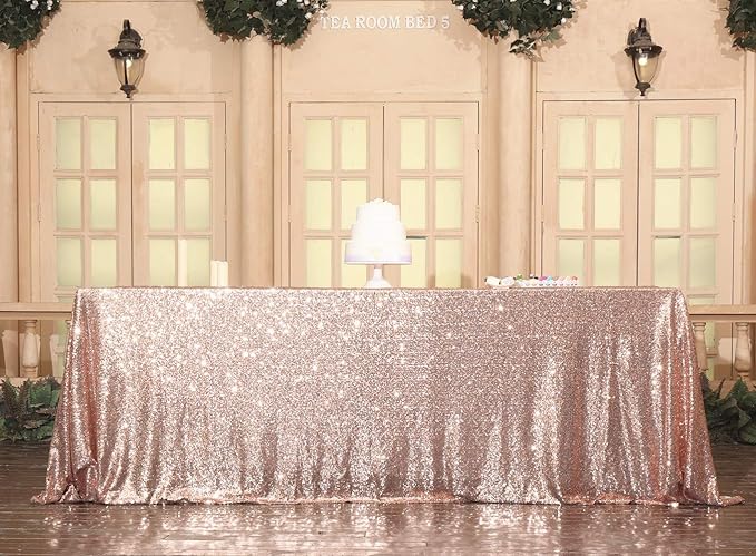 SquarePie Sequin Tablecloth 90 x 156 Inch Rose Gold Sparkly Table Linen for Wedding Party