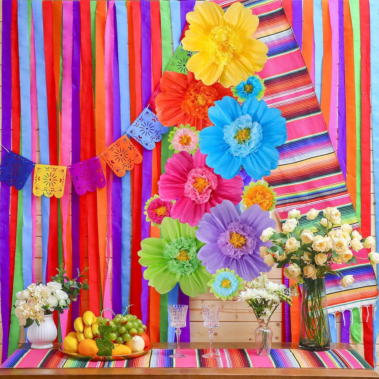 TaoBary Large Colorful Tissue Paper Flowers Giant Fiesta Paper Pom Poms Classroom Wall Decor Mexican Birthday Party Decorations Wedding Backdrop(20" and 10",Rainbow Color,12 Pcs)