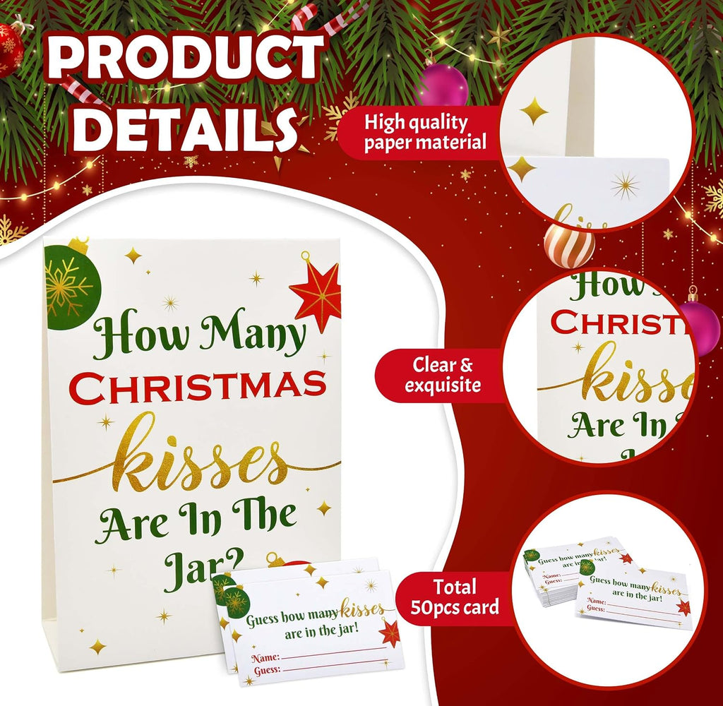 Christmas Party How Many Kisses Standing Sign 40 Guessing Cards Set | Holiday Wedding Bridal Baby Shower Raffle Party Activity Decor by Gift Boutique