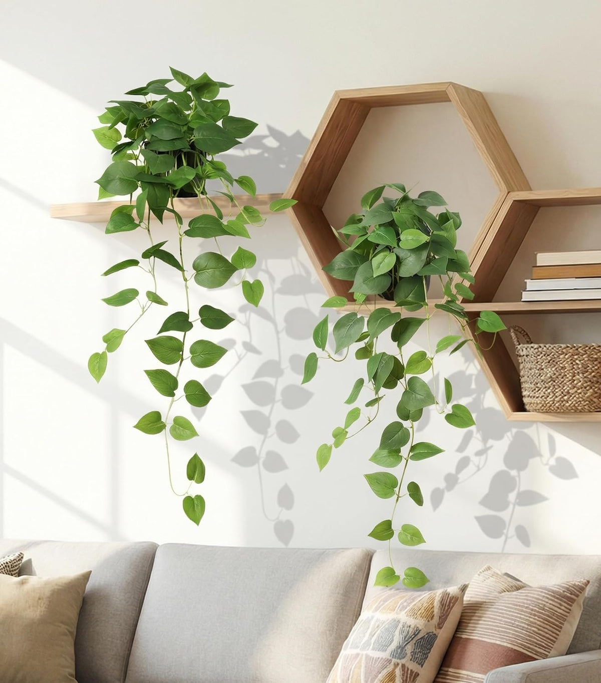 Fake Plants 2 Pcs Faux Pothos Plants Potted Indoor Artificial Hanging Plants ...