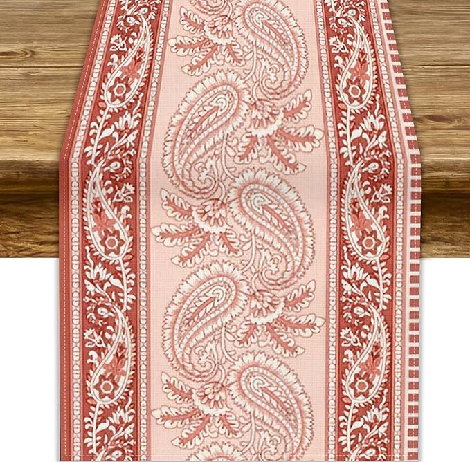 Pink Paisley Table Runner, Abstract Vintage Boho Paisley Flowers Leaves Print Table Runner for Home Kitchen Dining Room Wedding Party Decor, 13x90inch