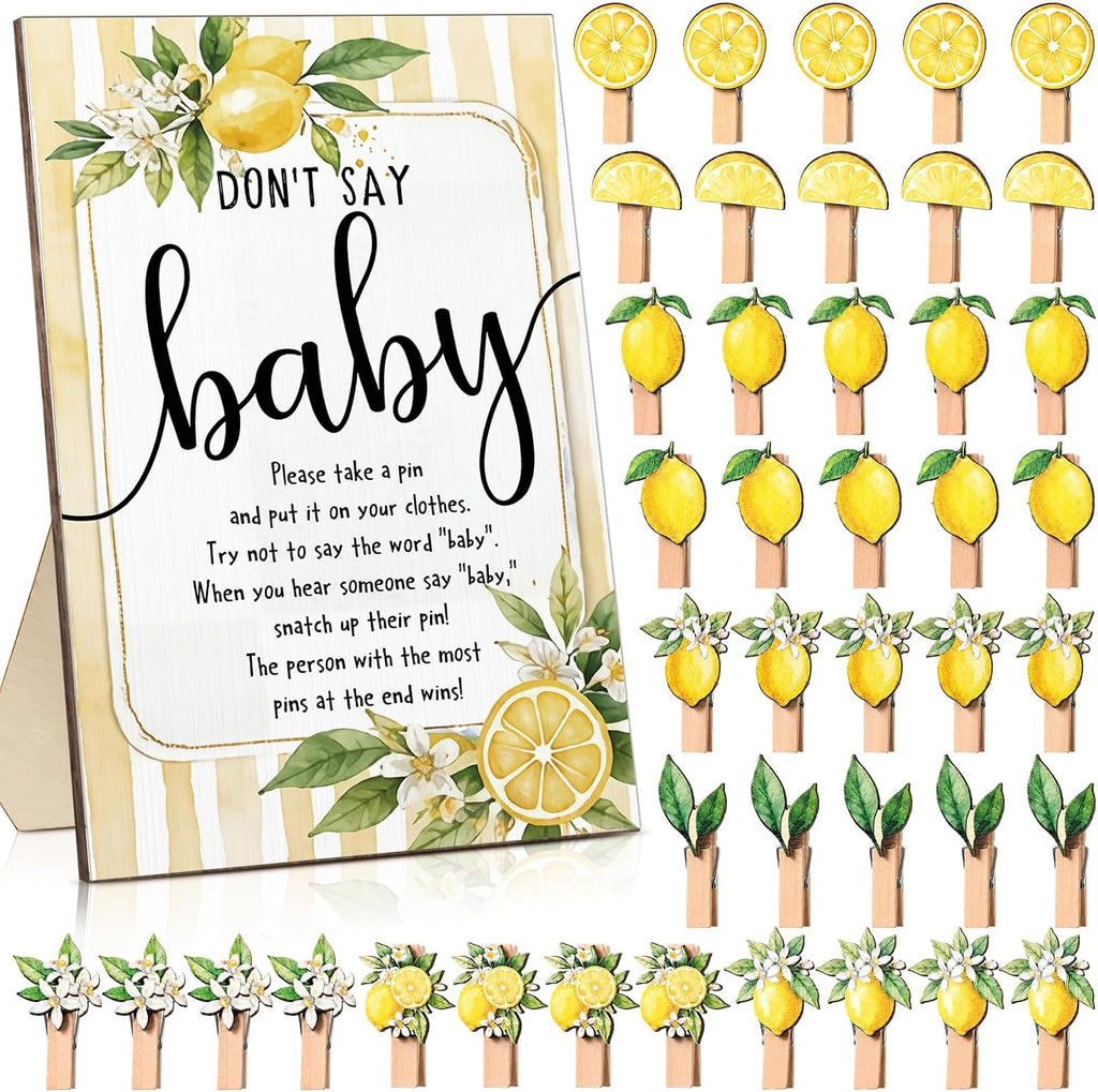 Unittype 51 Pcs Don't Say Baby Shower Game Supplies Include Baby Shower Sign and 50 Mini Clothespins for Boys Girls Gender Reveal Party Game Prizes (Lemon)