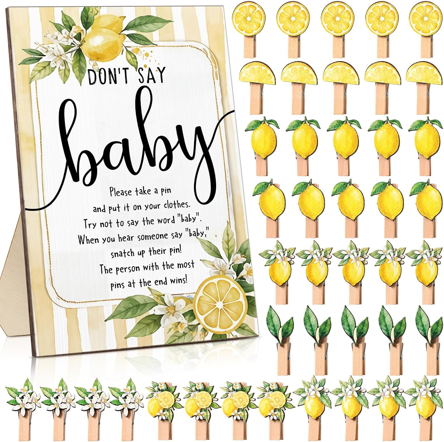 Unittype 51 Pcs Don't Say Baby Shower Game Supplies Include Baby Shower Sign and 50 Mini Clothespins for Boys Girls Gender Reveal Party Game Prizes (Lemon)