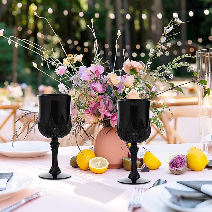 JLYLOL Plastic Vintage Wine Glasses 7OZ Plastic Goblets Vintage Drinking Glasses 24PCS Retro Wedding Glassware Water Goblets Reusable Drinking Cups for Party,Reception,Celebration,Bar,Whiskey(Black)