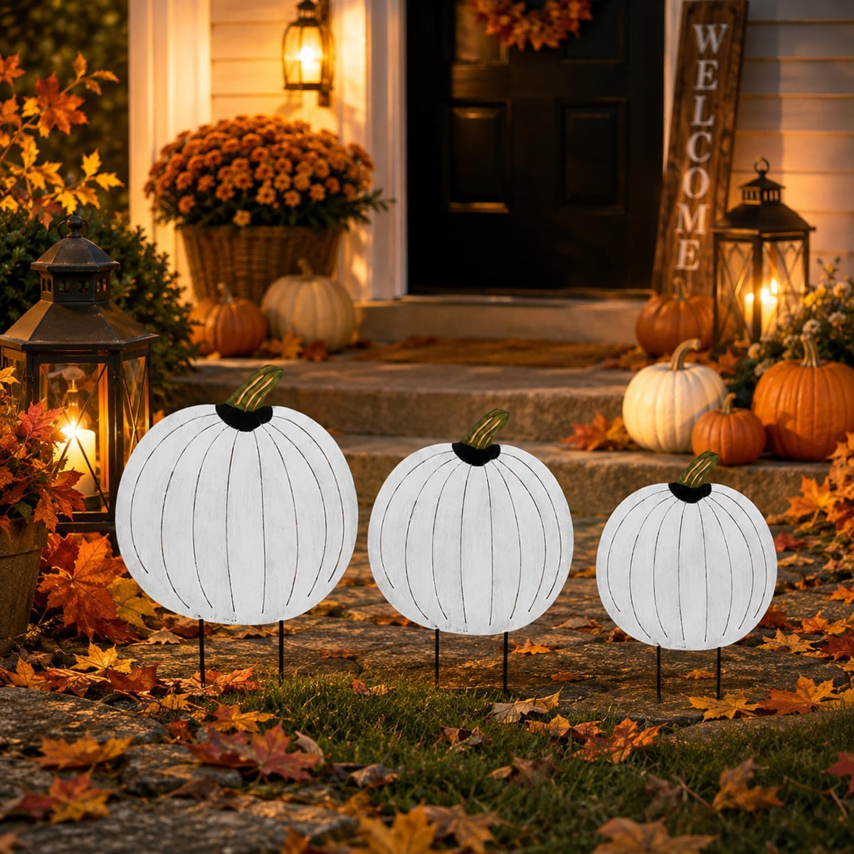 GlikCeil 3 Pcs Fall Decor Outdoor Rustic Pumpkin Stakes, Fall, White