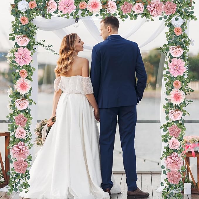 Waipfaru Artificial Flower Garland, 6.07ft Eucalyptus Garland with Flowers for Wedding Reception Table Mantle Room Decor (Rose Pink)