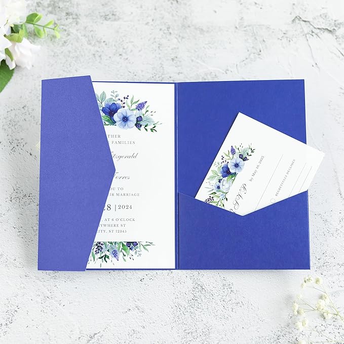 20 PCS Royal Blue Tri-fold Laser Cut Wedding Invitation Pockets for 5x7 Wedding Cards Bridal Shower Engagement Quinceanera Invitation