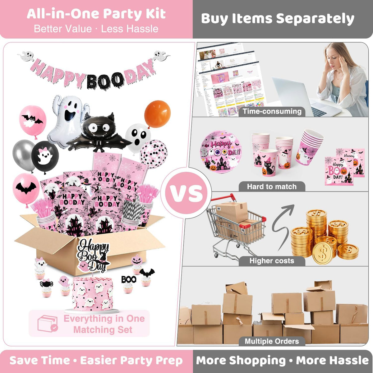 Happy Booday Party Decorations, Pink Halloween Birthday Decorations for 24