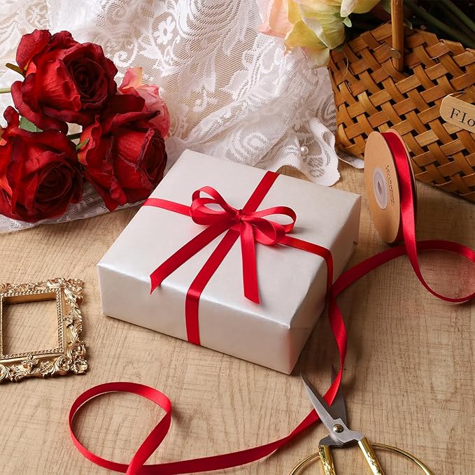 LaRibbons Bright Red Satin Ribbon 3/8 Inch 25 Yards Luxury Double Faced Red Ribbon for Gift Wrapping Flower Bouquet Crafts Wedding Party Christmas Decoration