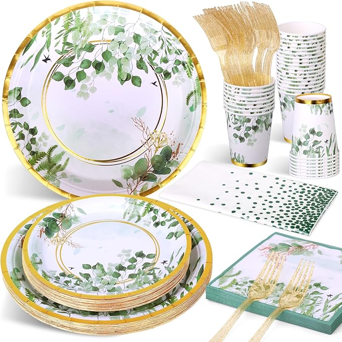 Sage Green Party Decoration, 126PCS Sage-Green Plates and Napkins Party Supplies, Spring Greenery Eucalyptus Leaves Disposable Dinnerware Decor for Wedding Birthday Baby Shower
