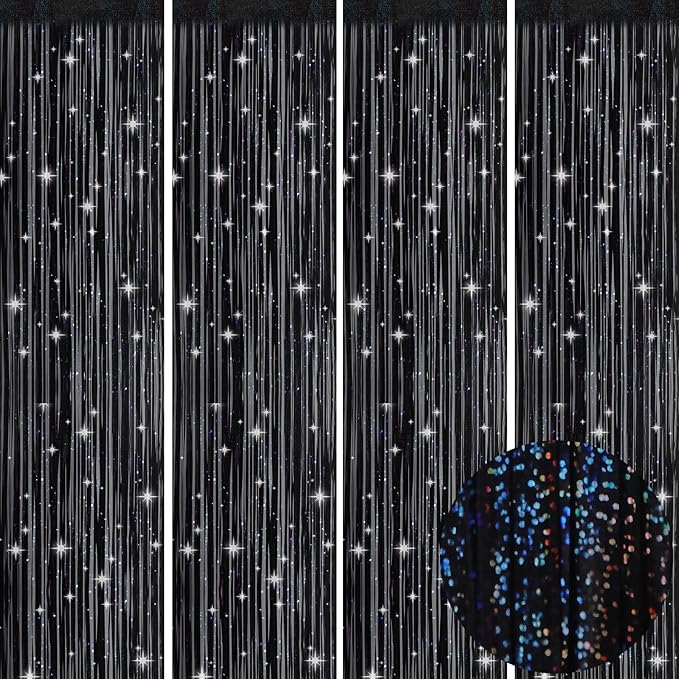 Picoway 4 Pack Foil Fringe Tinsel Backdrop Curtains, Birthday Engagement Bachelorette Party Decorations, Photo Booth Props Door Streamers Curtain (Black)