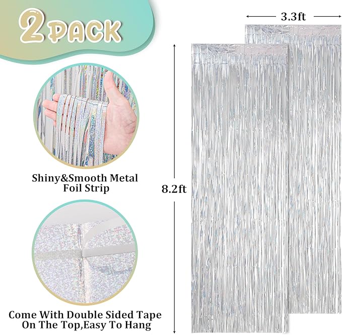2 Pack Laser Silver Foil Fringe Backdrop Curtains, Tinsel Streamers Birthday Party Decorations, Fringe Backdrop for Graduation, Baby Shower, Gender Reveal, Disco Party