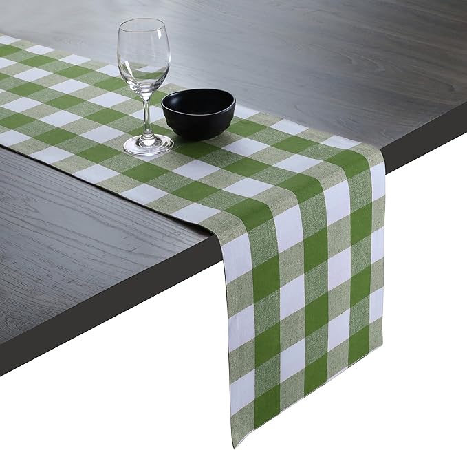 Native Fab Table Runner Buffalo Check Plaid 100% Cotton - 13x108 Inches Kitchen Dining Table Decoration for Indoor Outdoor Farmhouse Home Party Decor - Mint Green and White