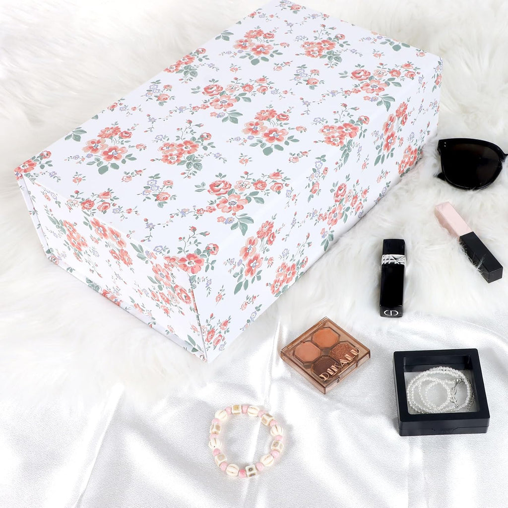 LFBOX Rose Floral Gift Box with Magnetic Lids 1 Pack | Large Bridesmaid Proposal Boxes 13.8x8.3x4.4 in, Rectangle Wedding Decorative Storage Box