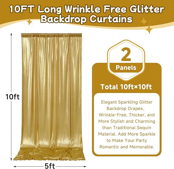 10ftx10ft Thick Gold Glitter Backdrop Curtain Panels for Parties, Wrinkle Free Sequin Sparking Photo Backdrop Drapes, 2 Panels 5x10ft Shimmer Back Drop Cloth for Wedding Birthday Photography