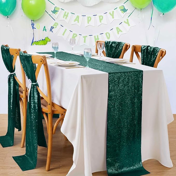 Sequin Table Runners 5 Pieces Emerald Green Table Runners 12x72 Inch Glitter Dining Table Cover for Party Wedding Birthday Reception Banquet Decoration Spring Party Chair Sashes