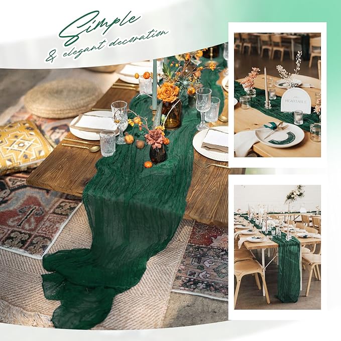 Aktor 12 Pack Emerald Green Table Runner Boho Cheesecloth Table Runner Semi Sheer Gauze Fabric Runners for Wedding Birthday Baby Shower Party Boho Table Decoration（Emerald Green）