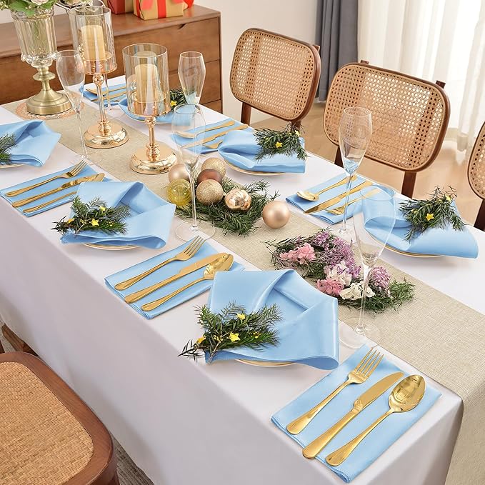 12 Pieces Light Blue Satin Napkins, 17" x 17" Square Table Napkins, Silky Soft Smooth Washable Napkins for Restaurant, Weddings, Dinner, Party Decoration