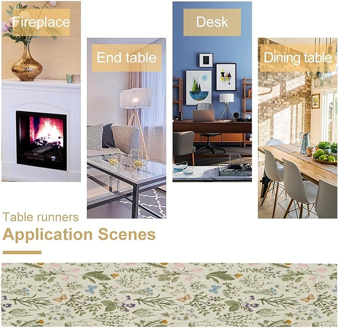 Floral Botanical Table Runner, Garden Spring Flower Botanical Butterfly Animal for Restaurant, Kitchen, Wedding, Party Rectangular Table Runner Decoration,13in（33cm） W * 72in（184cm） L