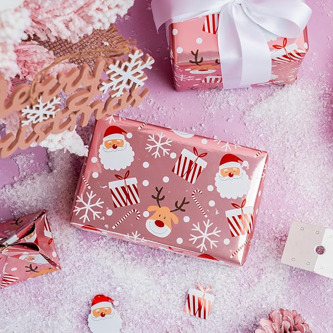 LeZakaa Christmas Pink Wrapping Paper Jumbo Roll, Santa Claus & Candy Cane, Metallic Foil, Rose Gold Foil Reversible Design for Festive Winter Holiday, Family Gathering, 30 inches x 100 Feet