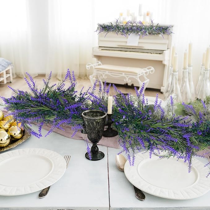MAKHOT 6Ft Purple Lavender Artificial Garland Decor, Spring Summer All Year Lavender Deep Purple Garland, Green Wreath Vines Decorations for Table Home Wedding Mantle Arch Porch Party