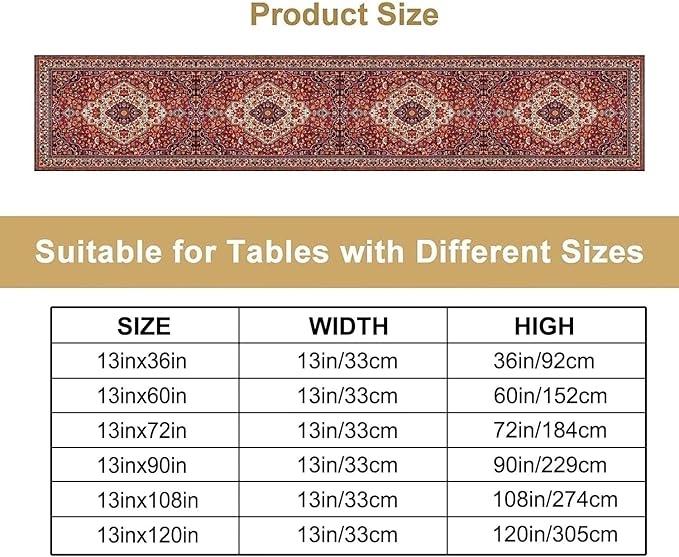 Boho Floral Vintage Table Runner, Paisley Retro Red Flower Rustic Country Farmhouse Abstract Pattern for Home Kitchen Table Decor Dining Coffee Room Party Decor 13x108in