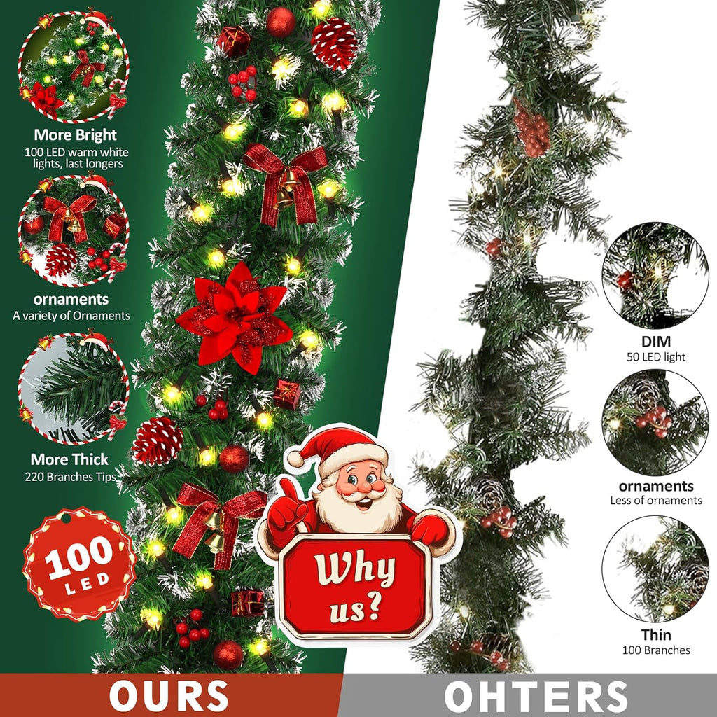 doiown christmas garland with lights,9ft prelit christmas garland, side view