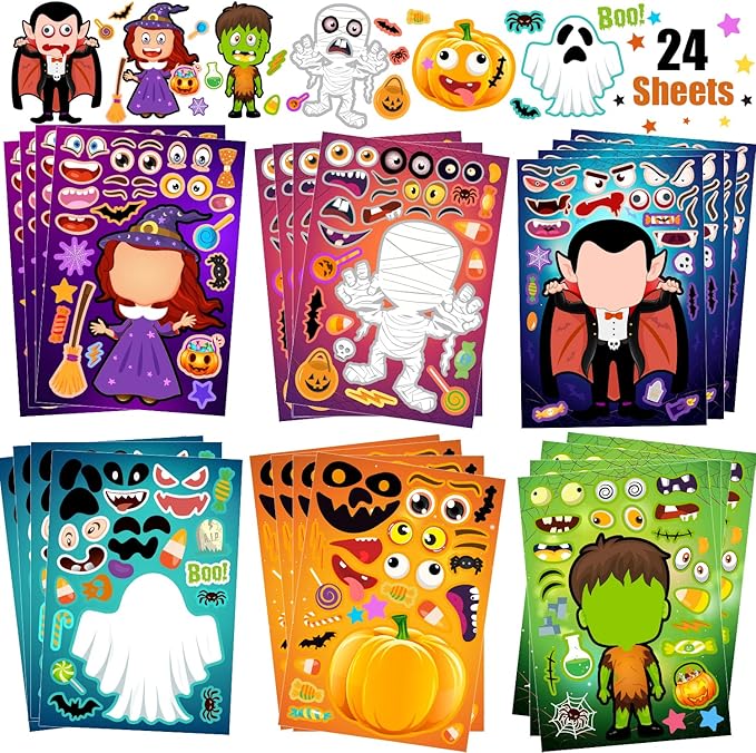 24 Sheets Halloween Stickers, Make Your Own Halloween Stickers for Kids, Halloween Party Favors, Halloween Crafts for Kids Trick or Treat Party Supplies