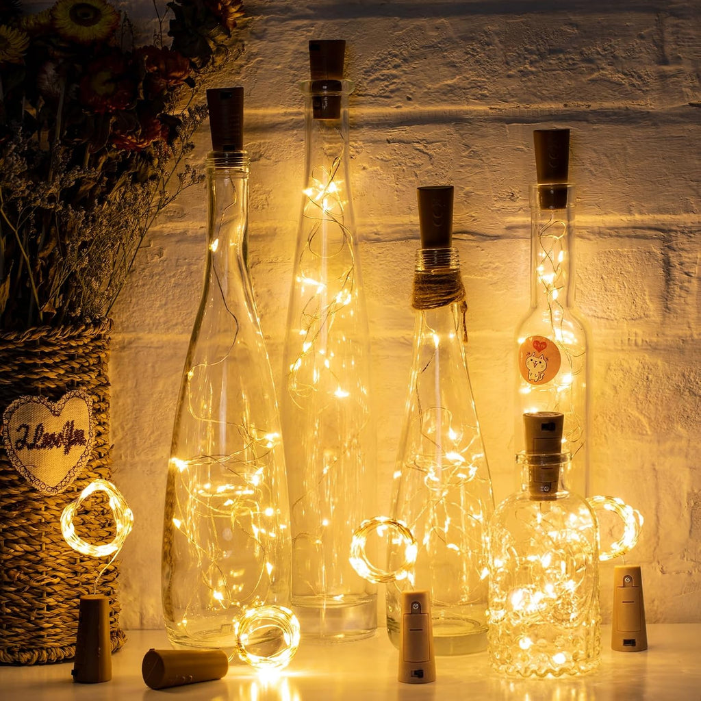 Brightown Wine Bottle Lights with Cork, 10 Pack 20 LED Waterproof Battery Operated Cork Lights, Silver Wire Mini Fairy Lights for Liquor Bottles DIY Party Bar Christmas Wedding Décor