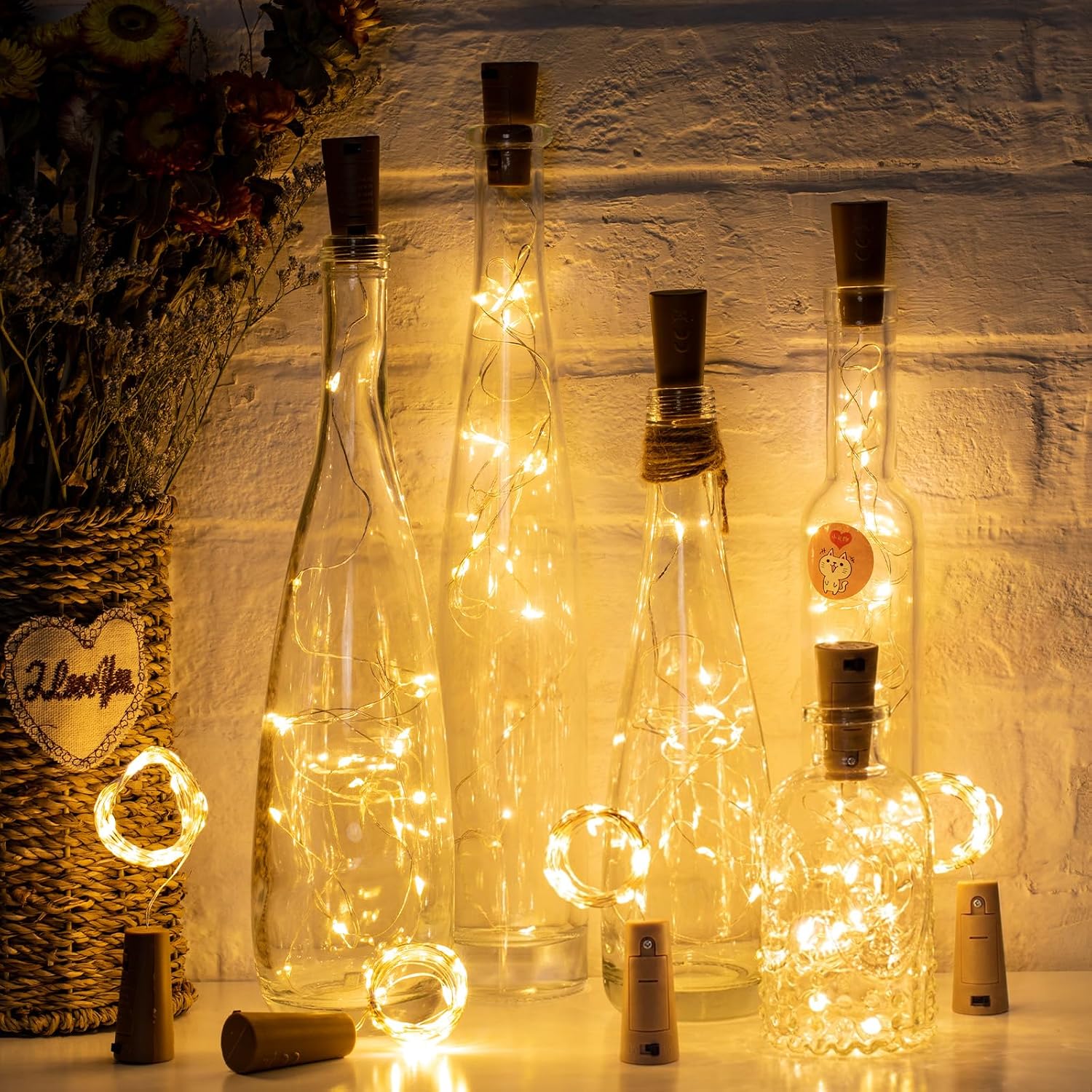 Brightown Wine Bottle Lights with Cork, 10 Pack 20 LED Waterproof Battery Operated Cork Lights, Silver Wire Mini Fairy Lights for Liquor Bottles DIY Party Bar Christmas Wedding Décor