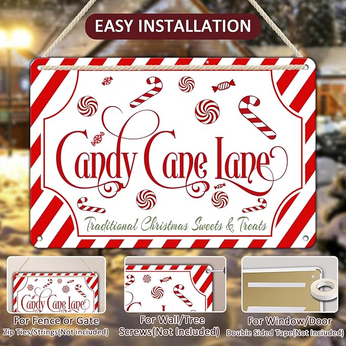Christmas Candy Cane Lane Metal Tin Sign Traditional Christmas Sweets and Treats Winter Sign for Home Living Room Outdoor or Indoor Wall Decor Gift Christmas Candy Cane Lollipop 8x12Inch