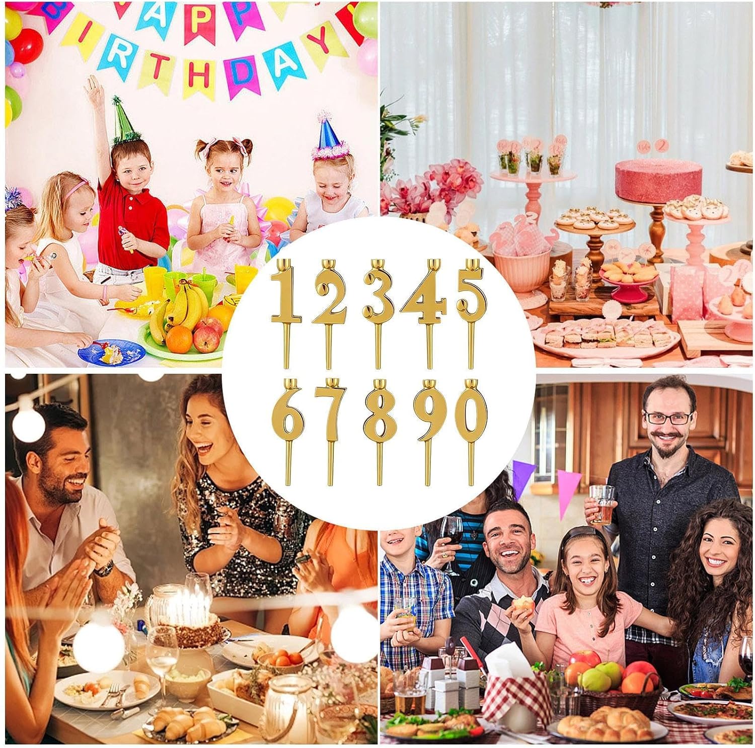 10 Pieces Number Candle Holder Set 0-9 Number Cake Topper Decorations Digital Happy Birthday Cake Candle Holders Set Reusable Stainless Steel Party Supplies(Gold)